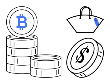Fiyat etiketli bir alışveriş çantası, stres dijital para, geleneksel para ve e-ticaret eşliğinde yığınla Bitcoin ve dolar. Finans, kripto para birimi ve online alışveriş için ideal