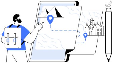 Sırt çantalı bir adam dijital harita ekranında bir dağ ve kale için işaretli yerleri olan bir adam. Seyahat planlama, teknoloji, eğitim, macera, keşif, navigasyon ve turizm için ideal