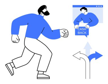 Adam online bir kaynaktan gelen nakit para teklifine doğru koşarken ok işaretleriyle yüzleşiyor ve seçenekleri gösteriyor. Finans, tasarruf, karar verme, ödüller, online alışveriş için ideal. Düz tasarım biçimi