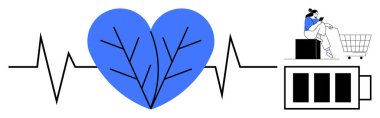 Ağaç dalları olan mavi bir kalp, kalp atışları, alışveriş arabasıyla kitapların üzerinde oturan biri. Sağlık, doğa, teknoloji, eğitim, alışveriş yaşam tarzı sağlığı için idealdir. Soyut çizgi düz metafor