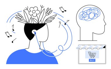 Kafasından, kulaklığından, soyut beyin çiziminden ve çevrimiçi alışveriş arabasından çıkan çiçekli ve notları olan insanların minimalist tasarımı. Yaratıcılık, rahatlama, e-ticaret, farkındalık, müzik terapisi için ideal