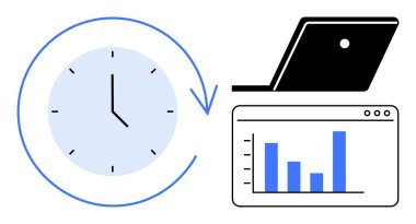 Okla çevrili saat zaman yönetimini gösterir. Bitişik dizüstü bilgisayar ve bar tablosu verimlilik ve veri analizini temsil ediyor. İş verimliliği, zaman izleme, verimlilik, veri analizi için ideal