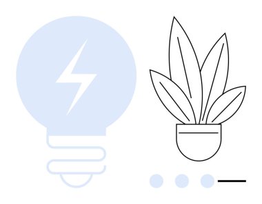 Yıldırımlı ampul enerjiyi simgeler, büyümeyi sembolize eden saksı bitkisi, yanında üç nokta ve çizgi. Yenilik için ideal, sürdürülebilirlik, ilham, doğa, eko-dostluk