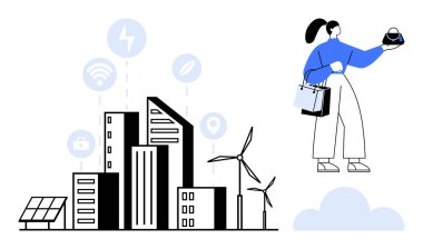 Rüzgar türbinleri, güneş panelleri ve eko enerji ikonları olan binaların yakınında akıllı bir cihaz tutan bir kadın. Akıllı şehirler için ideal, sürdürülebilirlik, yeşil teknoloji, yenilik, kentsel planlama, yenilenebilir enerji