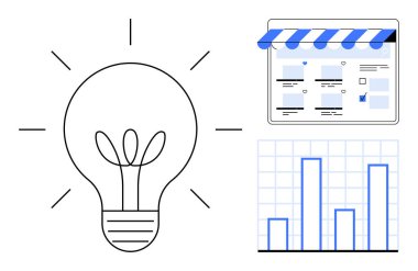 Yaratıcılığı temsil eden ampul, çevrimiçi mağaza önü web sayfası, veri analizini gösteren çubuk grafik. İş stratejileri, e-ticaret, yenilik, verimlilik, büyüme takibi, dijital pazarlama için ideal