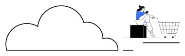 Soldaki büyük bulut çizgisi, sağdaki kadın tablet ve alışveriş arabasının yanındaki kutuya erişiyor. Çevrimiçi alışveriş, bulut depolama, dijital pazarlama, mobil uygulamalar, e-ticaret, tüketici için ideal