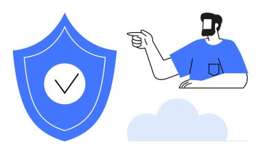 Şahıs, güvenlik göstergesi olan mavi kalkanı işaret ediyor. Aşağıdaki bulut dijital tema ekler. Teknoloji, siber güvenlik, bulut hizmetleri, dijital güvenlik, veri koruması için ideal
