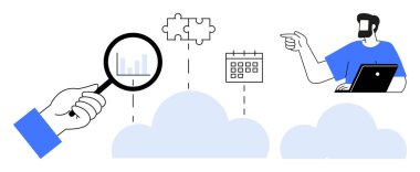 Büyüteç, bulmaca parçalarına ve takvim ikonuna bağlı bulutların üzerindeki grafikleri inceler. Veri analizi, işbirliği, proje yönetimi, bulut hesaplaması için ideal