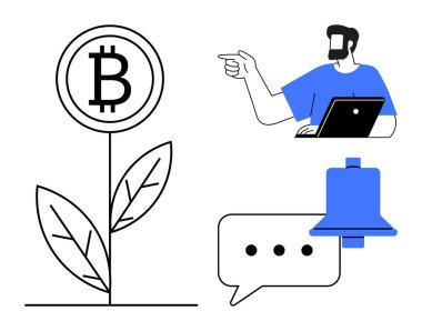 Kripto para büyümesini temsil eden bitcoin fabrikası, dizüstü bilgisayarı olan kişi, uyarı zili ve sohbet balonu. Finans, yatırım, teknoloji, iletişim için ideal, dijital pazarlamayı uyarır