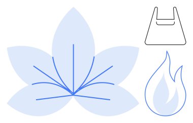 İçe doğru yayılan ince çizgili çiçek yaprakları, basit bir alev ve alışveriş torbası hatlarına yakın. Sürdürülebilirlik, doğa, geri dönüşüm, çevre dostu girişimler, çevre için ideal