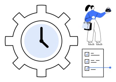 Dişli saat zamanı sembolize ediyor, kum saati tutan kadın, alışveriş torbaları, işaretli görevleri olan kontrol listesi. Üretkenlik, görev yönetimi, planlama, verimlilik, zaman yönetimi iş hayatı için ideal