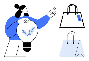 İki alışveriş çantasının içinde yapraklı bir ampul tutan kişi. Sürdürülebilirlik için ideal, çevre dostu seçimler, yeşil alışveriş, tüketici davranışı, çevresel farkındalık, bilinçli