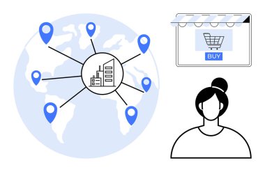 Merkezi bir binaya bağlı mavi lokasyonlu küresel harita Buy düğmesinin altında online alışveriş arabası ve bir insan figürü. Küresel iş, e-ticaret, lojistik ve müşteri ilişkileri için ideal