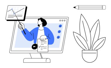 Ekrandaki grafiğe bakan, panoyu tutan, sanal sunumu başlatan kişi. Webinarlar için ideal, çevrimiçi eğitim, sanal toplantılar, uzak çalışma, dijital işbirliği, e-öğrenim