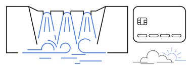 Su deposuna akan su barajı, bankacılığı temsil eden kredi kartı ve gündoğumu. Finans, bankacılık, yatırım, enerji, çevresel sürdürülebilirlik ve yenilikçi büyüme için ideal