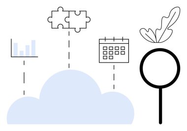 Veri tablosuna, bulmaca parçalarına, takvime ve yapraklı büyütece bağlı bulut. Dijital çözümler, üretkenlik, bulut hesaplama, veri yönetimi ve büyüme sürdürülebilirliği için ideal