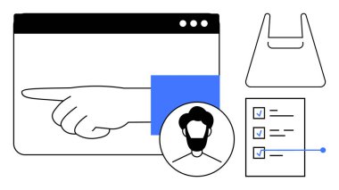 Tarayıcı penceresi içinde el işaretleme, kullanıcı profili simgesi, kontrol işaretli listeler ve alışveriş çantası taslağı. Kullanıcı deneyimi, arayüz tasarımı, görev yönetimi, e-ticaret, kimlik için ideal