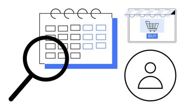 Büyüteçli takvim, Buy düğmeli e-ticaret mağazası penceresi ve kullanıcı profili simgesi. Çevrimiçi alışveriş, müşteri değerlendirmesi, piyasa analizi, stratejik planlama, e-ticaret yönetimi için ideal