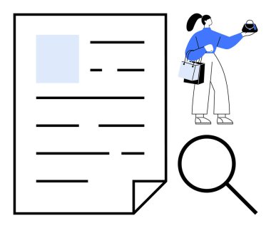 Metin satırlı büyük bir belge, büyüteç ve elinde telefonla alışveriş torbaları tutan bir kadın. İş analizi, e-ticaret, araştırma, çevrimiçi alışveriş, tüketici davranışı, belgeleme için ideal