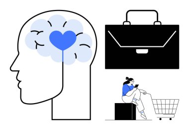 Beynin içinde kalbi olan bir insan kafası, siyah bir çanta, alışveriş arabasının yanında oturan telefon kullanan bir kadın. Ruh sağlığı, duygusal zeka, iş hayatı dengesi, alışveriş, tüketici davranışı için ideal