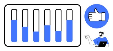 Değişen mavi sıvı seviyeleriyle dolu test tüpleri, başparmak yukarı simgesi, solu gösteren dizüstü bilgisayarla çalışan bireyler. Bilim, eğitim, araştırma, onay, teknoloji, iletişim için ideal