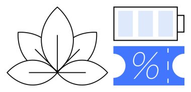 Enerji tasarrufu ve yaprak ikonu, pil sembolü ve indirim kuponlu çevre dostu temalar. Sürdürülebilirlik girişimleri, yeşil enerji, verimli teknoloji, koruma, promosyon için ideal