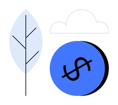 Yaprak, dolar işareti mavi daire, bulut yukarıda. Sürdürülebilirlik, çevre, çevre dostu finans, yeşil yatırım, doğa koruma ekonomik büyüme dengesi için ideal. Soyut satır düzlüğü