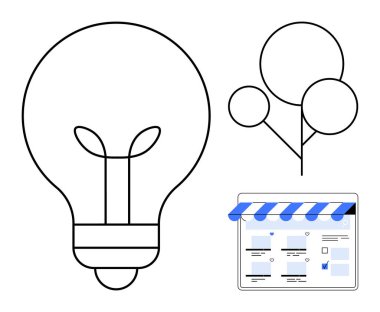 Ampul, soyut ağaç ve mağaza önü tarayıcı penceresi. Yenilik, sürdürülebilirlik, iş büyümesi, çevrimiçi varlık, yaratıcılık dijital pazarlama ve teknoloji kavramları için idealdir. Soyut çizgi