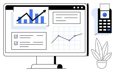 Çubuk grafik, çizgi çizelgesi ve kontrol listesi gibi veri analizlerini görüntüle. Faturalı kredi kartı terminali. Saksı bitkisi. İş raporlama, mali analiz, veri yönetimi için ideal