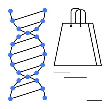 Alışveriş çantasının yanındaki mavi düğümlü DNA sarmalları genetik ve tüketici alışkanlıkları arasındaki bağlantıyı gösteriyor. Genetik, biyoloji, araştırma, pazarlama, tüketici davranışı, eğitim, bilim için ideal