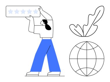 Başının üstünde beş yıldızlı bir değerlendirme paneli tutan kişi, büyük bir yaprak, dünya ikonu. Müşteri memnuniyeti, kalite güvencesi, sürdürülebilirlik, ekoloji, küresel etki, çevresel bağlılık için ideal