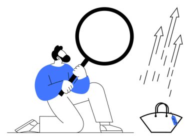 Büyüteç tutan adam büyüyen okların yanında diz çöküp çanta taşıyor. İş analizi, araştırma, büyüme, soruşturma, keşif, pazarlama ve ilerleme için ideal. Soyut çizgi düz metafor