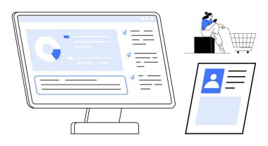 Verileri ve grafikleri gösteren büyük bir bilgisayar monitörü. Alışveriş arabasının yanında oturan kişi. Telefona dalmış, kullanıcı profili. Temalar için ideal veri analizi, kullanıcı bağlılığı, alışveriş, dijital profiller