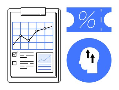 Çizgi grafikli pano, çizelgeler, yüzdenin yanındaki evrak kutuları ve oklu insan kafası. Mali büyüme, iş analizleri, veri eğilimleri, stratejik planlama ve karar verme için ideal