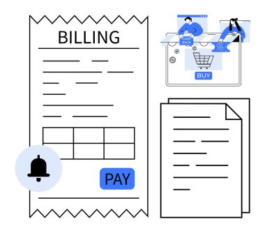 Fatura ödeme düğmesi, alışveriş arabası, dijital belgeler ve uyarı zili ile online alışveriş. Finans, e-ticaret, dijital makbuzlar, çevrimiçi ödemeler, mali yönetim için ideal
