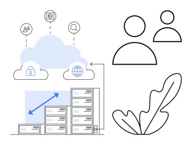 Sunucu raflarına, kullanıcı profillerine ve büyümeyi vurgulayan yaprak anahatlarına bağlı güvenlik ve ağ simgelerine sahip bulut. Teknoloji, ağ oluşturma, veri depolama, kullanıcı yönetimi, İnternet için ideal
