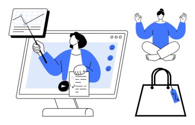 Bilgisayar ekranındaki grafiği gösteren kişi, meditasyon pozu veren kişi, fiyat etiketli alışveriş çantası. Çevrimiçi eğitim, sağlık, e-ticaret, iş-yaşam dengesi, modern yaşam tarzı, dijital