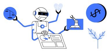 Bir robot aynı zamanda adalet, kalp, robotik kol, finansal büyüme, tasarım şeması ve bir yaprak ile ilgilenir. Teknoloji, otomasyon yapay zeka, sağlık finans ortamı için ideal. Soyut