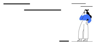 Bir eli cebinde, mavi bluzlu ve beyaz pantolonlu bir kadın. Siyah doğrusal aksanlar. Düşünme, karar verme, minimalizm, modern tasarım, basitlik, içgözlem için ideal