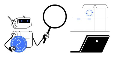Bir dolar çipini inceleyen büyüteçli bir robot, yenilenmiş oklu bir nakliye kutusu ve bir dizüstü bilgisayar. AI, teknoloji, tedarik zinciri, e-ticaret, finans, veri analizi otomasyon temaları için ideal