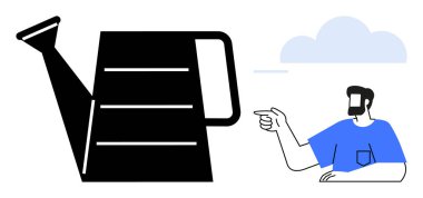 Mavi gömlekli adam arka planda bulut olan siyah bir sulama kutusunu işaret ediyor. Büyüme, rehberlik, yetiştirme, eğitim, çevre bilinci, takım çalışması, kavramsal fikirler için idealdir. Düz soyut çizgi