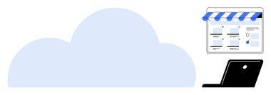 Büyük mavi bulut sol tarafa hükmediyor, tente ile küçük çevrimiçi mağaza arayüzü, siyah laptop. Bulut hesaplama, e-ticaret, dijital çözümler, çevrimiçi alışveriş, bulut depolama, uzaktan kumanda için ideal