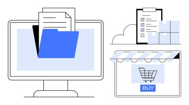 Masaüstü ekranındaki bir dizindeki dijital dosyalar, listeli pano, bulut depolama kutuları, satın alma düğmeli online alışveriş arabası. E-ticaret, veri yönetimi, bulut depolama, çevrimiçi için ideal
