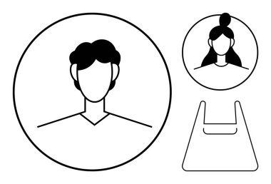 Daireler içinde iki cinsiyet ayrımı olmayan avatar simgesi, biri büyük, biri küçük, biri de çantanın taslağı. Kullanıcı profilleri, cinsiyet kapsayıcı temaları, kimlik temsili, çevrimiçi için ideal