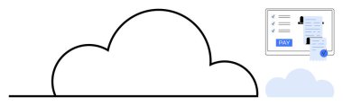 Bir kontrol listesi ve Ödeme düğmesi içeren elektronik fatura kaplamalı bulut taslağı. Çevrimiçi işlemler, dijital ödemeler, bulut hesaplama, veri depolama, finans teknolojisi için ideal