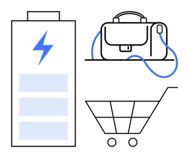 Şarj ikonlu pil sembolü, saplı ve kayışlı iş çantası ve alışveriş arabası. İş, teknoloji, e-ticaret, alışveriş, seyahat, günlük yaşam, çevrimiçi hizmetler konuları için ideal