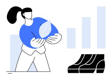 Sürdürülebilirliği ve büyümeyi temsil eden büyük bir yaprak tutan kişi, sağdaki çubuk grafikler ilerlemeyi gösteriyor. İş büyümesi, sürdürülebilirlik, eko-dostluk ve çevre için ideal