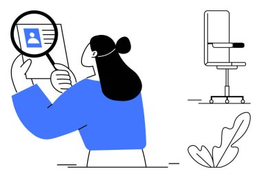 Profil belgesinin üzerinde büyüteç tutan kişi detayları inceliyor. Ofis sandalyesi çalışma alanını simgeler, organik büyümeye dair ipuçları verir. İş analizi, işe alım, insan kaynakları ve profesyonel işler için ideal.