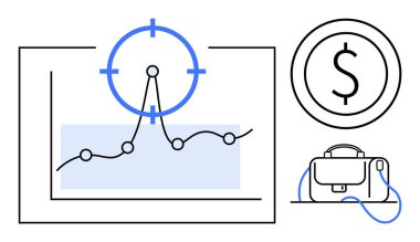 Grafik çizelgesi, grafik noktaları, hedef, dolar işareti amblemi ve evrak çantası. Ticari büyüme, mali planlama, strateji geliştirme, yatırım içgörüleri, pazar analizi için ideal