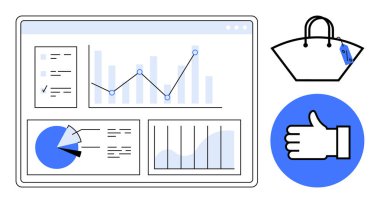 İş analitiği gösterge tablosu, pasta grafikleri, bar grafikleri, alışveriş torbası simgeleri ve bir onay sembolü. Pazarlama, veri analizi, e-ticaret, satış performansı ve müşteri için ideal